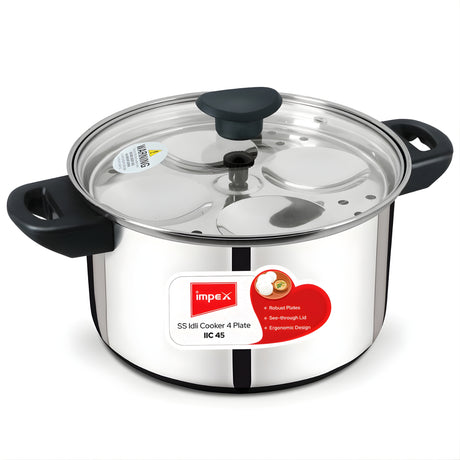 Impex Stainless Steel Idly Cooker with Glass Lid 4.5 L ( 4 Plate ) – Silver_1