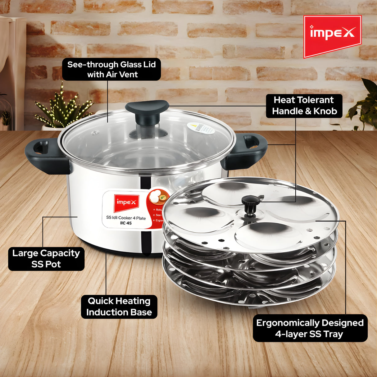 Impex Stainless Steel Idly Cooker with Glass Lid 4.5 L ( 4 Plate ) – Silver_4
