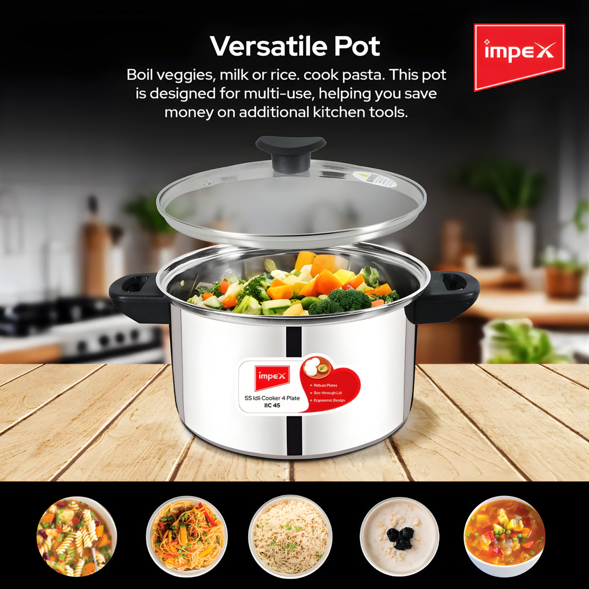 Impex Stainless Steel Idly Cooker with Glass Lid 4.5 L ( 4 Plate ) – Silver_6