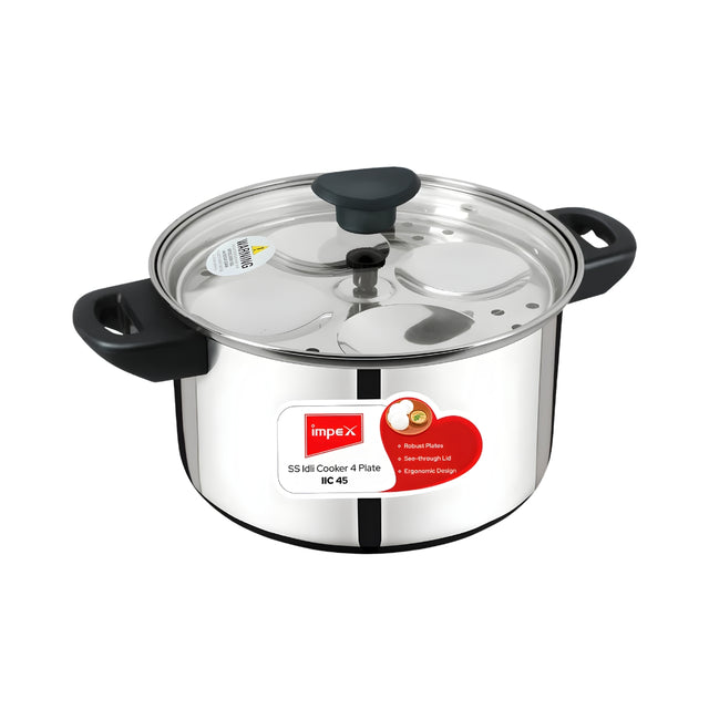 Impex Stainless Steel Idly Cooker with Glass Lid 4.5 L ( 4 Plate ) – Silver_Front View