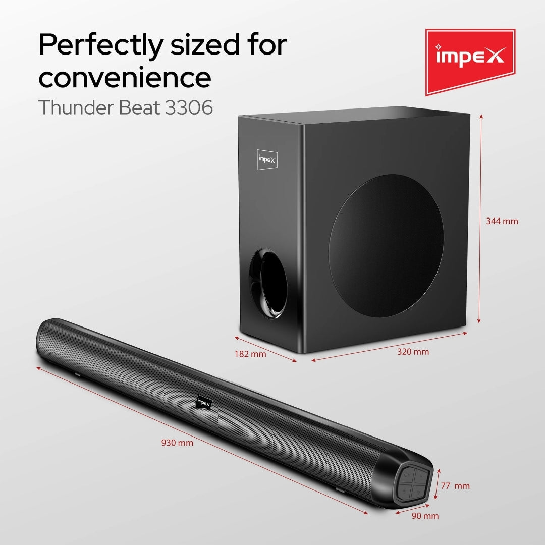 Impex Thunder Beat 3306 Soundbar with 2.1 Channel 100 W - Black_Dimension View