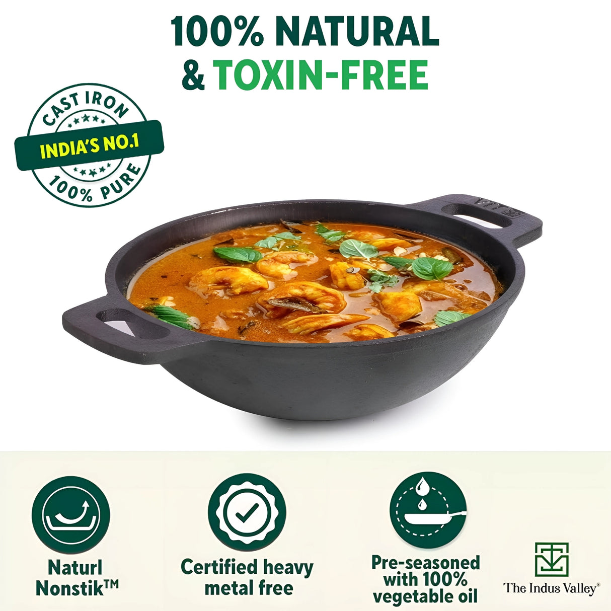 The Indus Valley Cast Iron Smooth Kadai 10 in - Black
