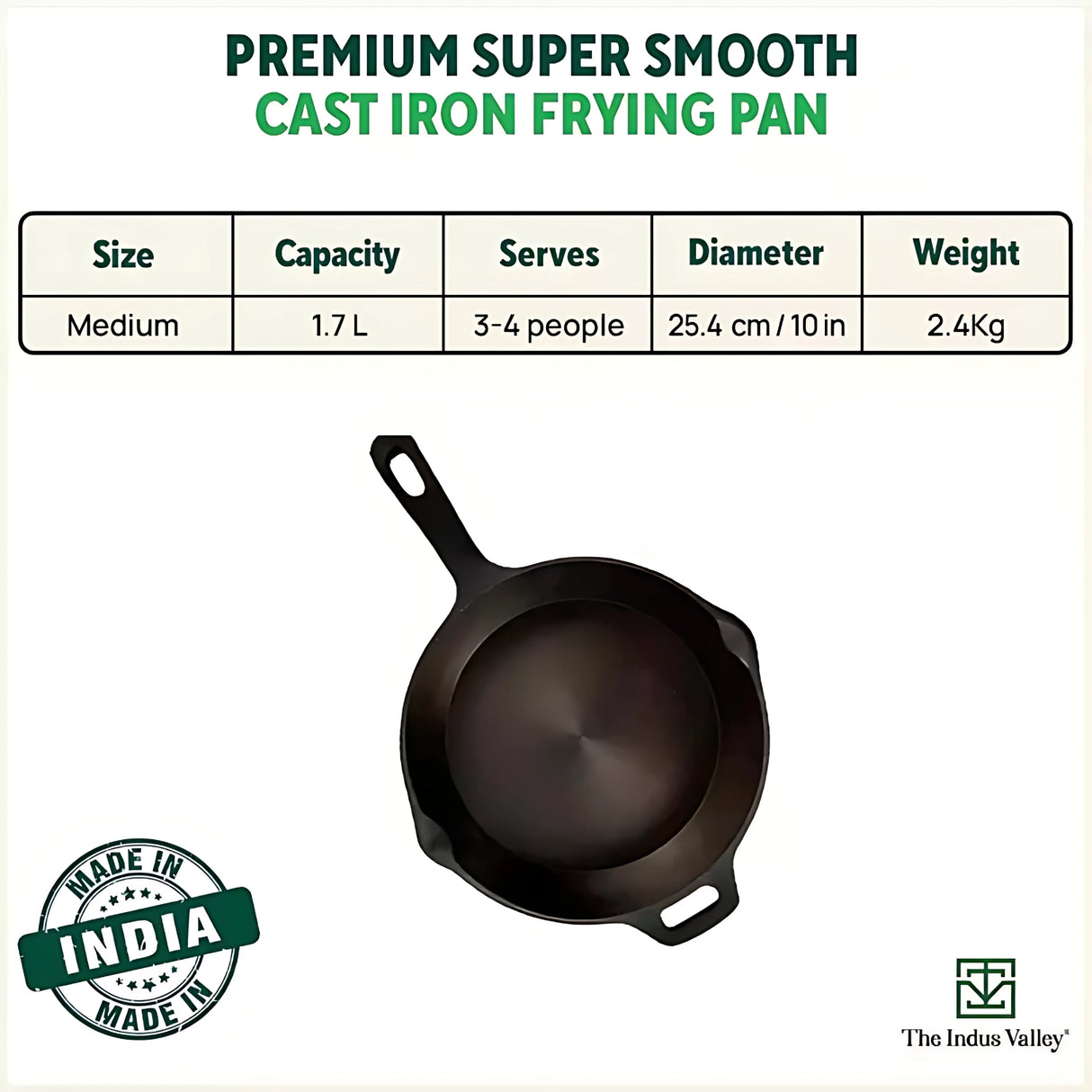 The Indus Valley Cast Iron Skillet Frying Pan 9 Inch - Black
