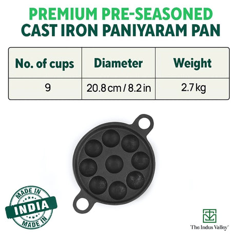The Indus Valley Cast Iron  Paniyaram Pan 9 Pit - Black