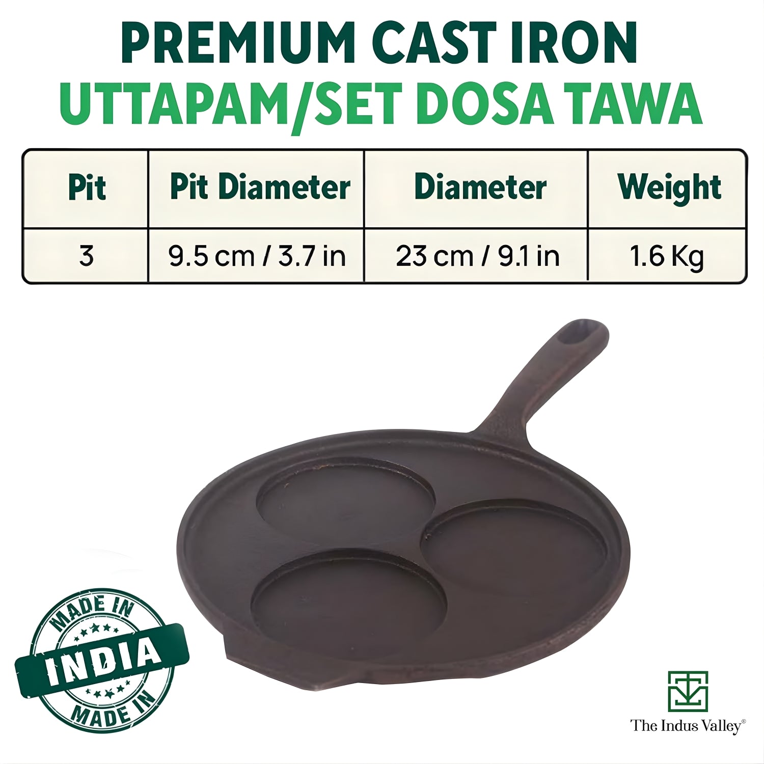 Indus Valley Cast Iron Uthappam Pan 3 Pit - Black_2