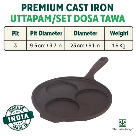 Indus Valley Cast Iron Uthappam Pan 3 Pit - Black_2