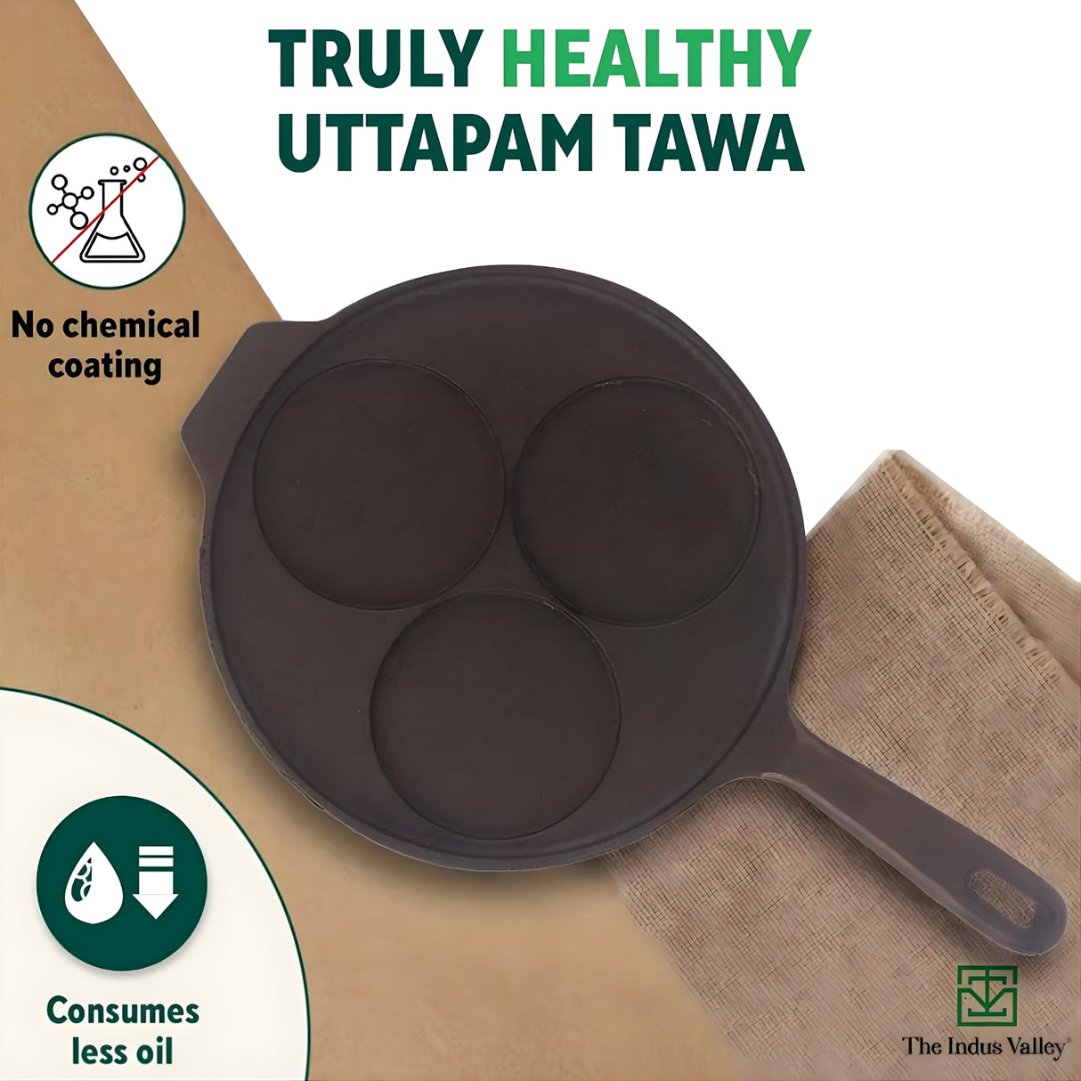 Indus Valley Cast Iron Uthappam Pan 3 Pit - Black_3