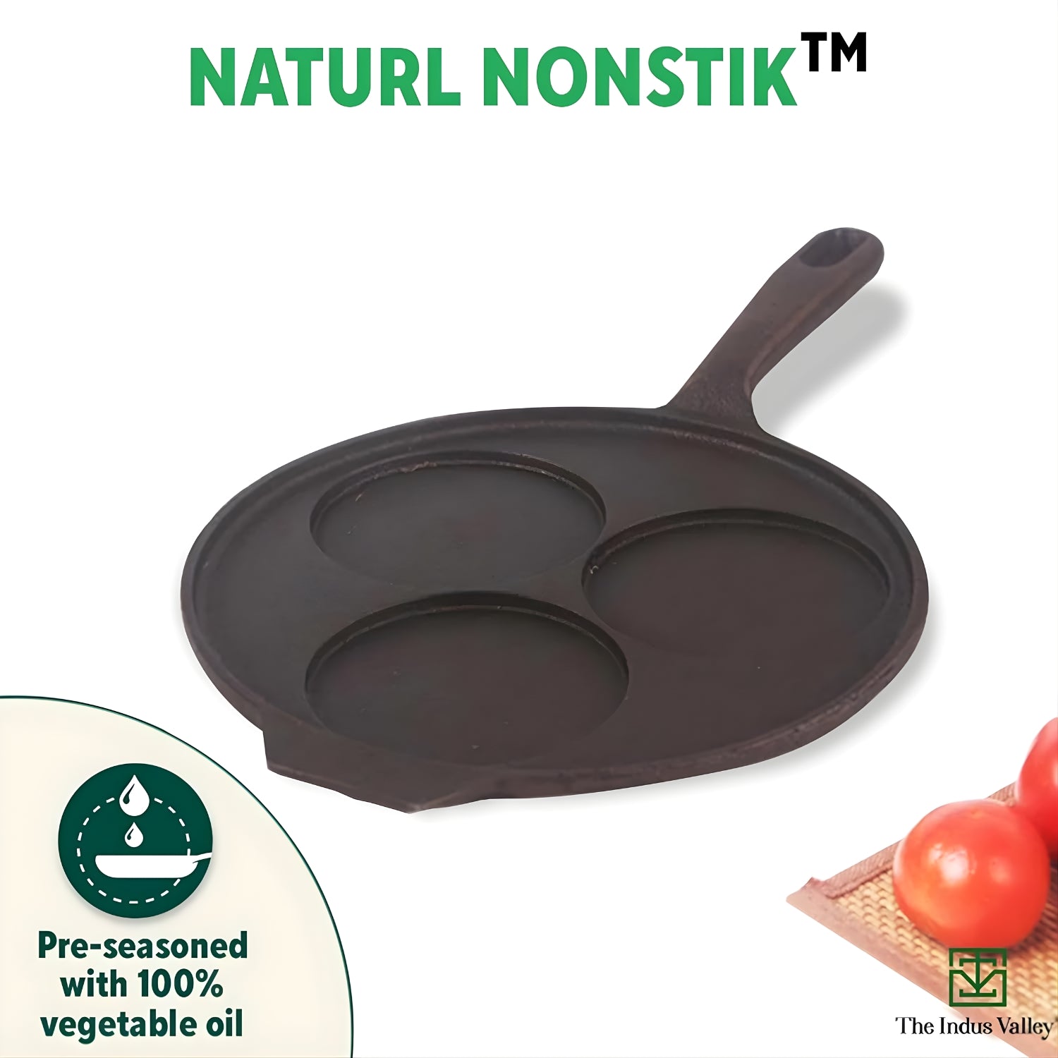 Indus Valley Cast Iron Uthappam Pan 3 Pit - Black_7