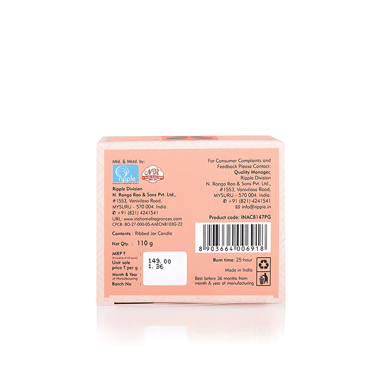 IRIS Scented Ribbed Jar candle -  Peach Paradise