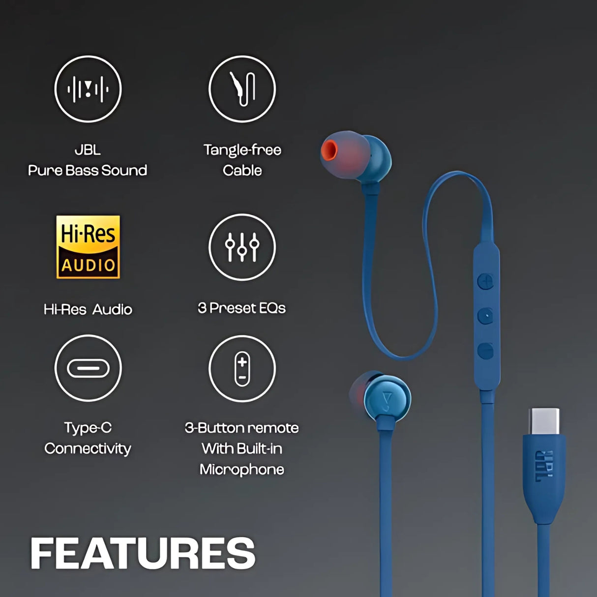 JBL T310C Wired Earphone - Blue