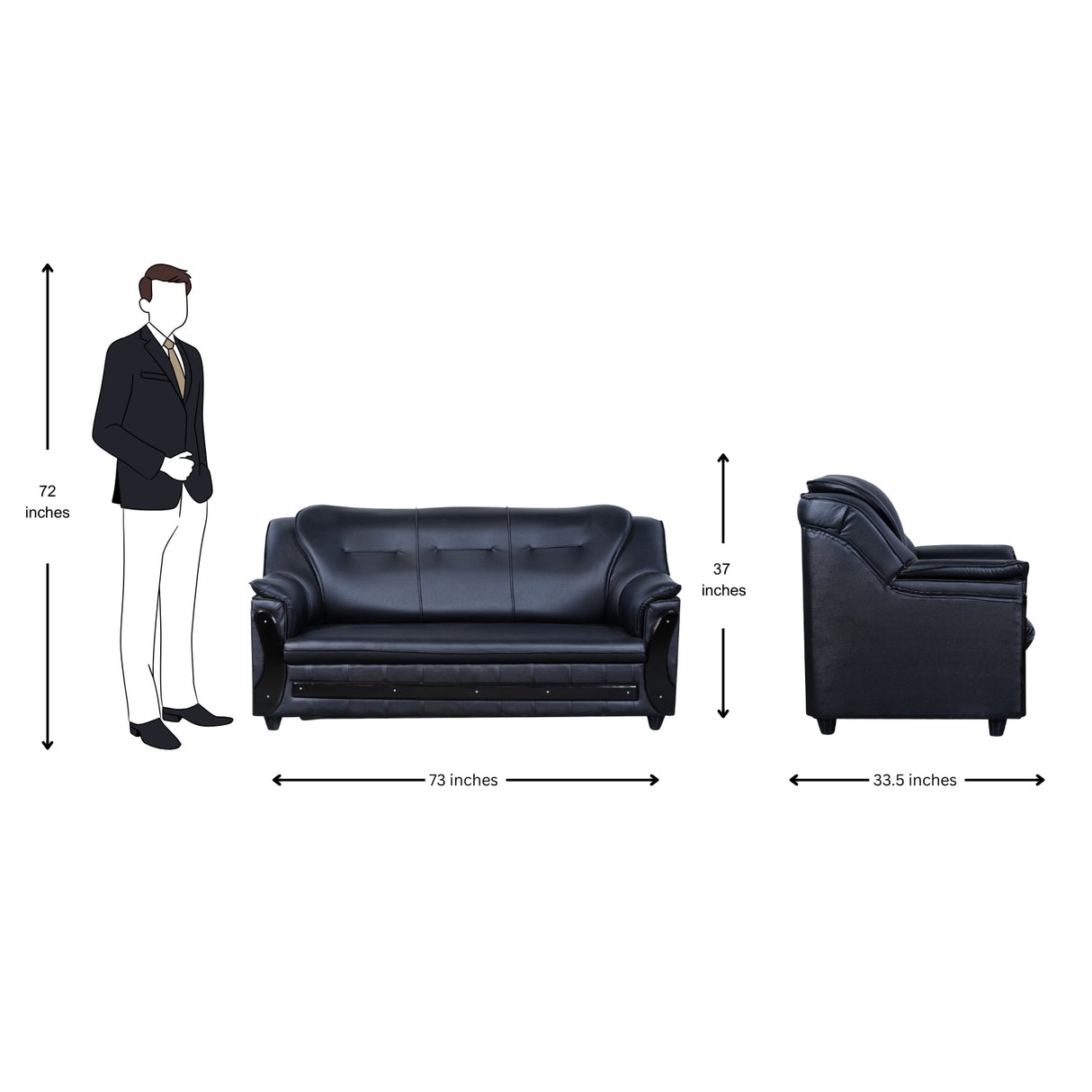 Kassel Rexine Sofa 3 Seater - Black