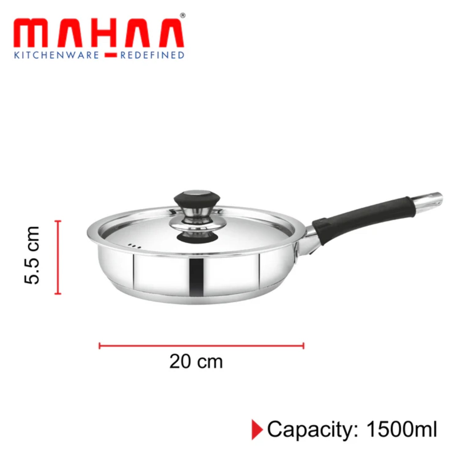 Mahaa Chroma Stainless Steel Fry Pan with Lid 20 cm \ 1.5 L_2