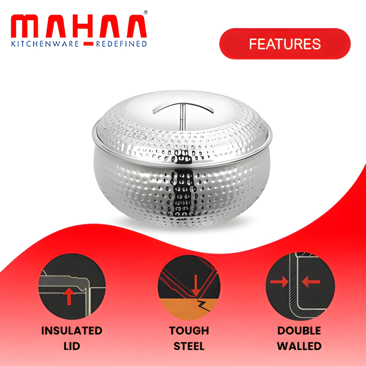 Mahaa Curve Hammered Premium Double Wall Insulated SS Casserole with Lid 2800 ml_6