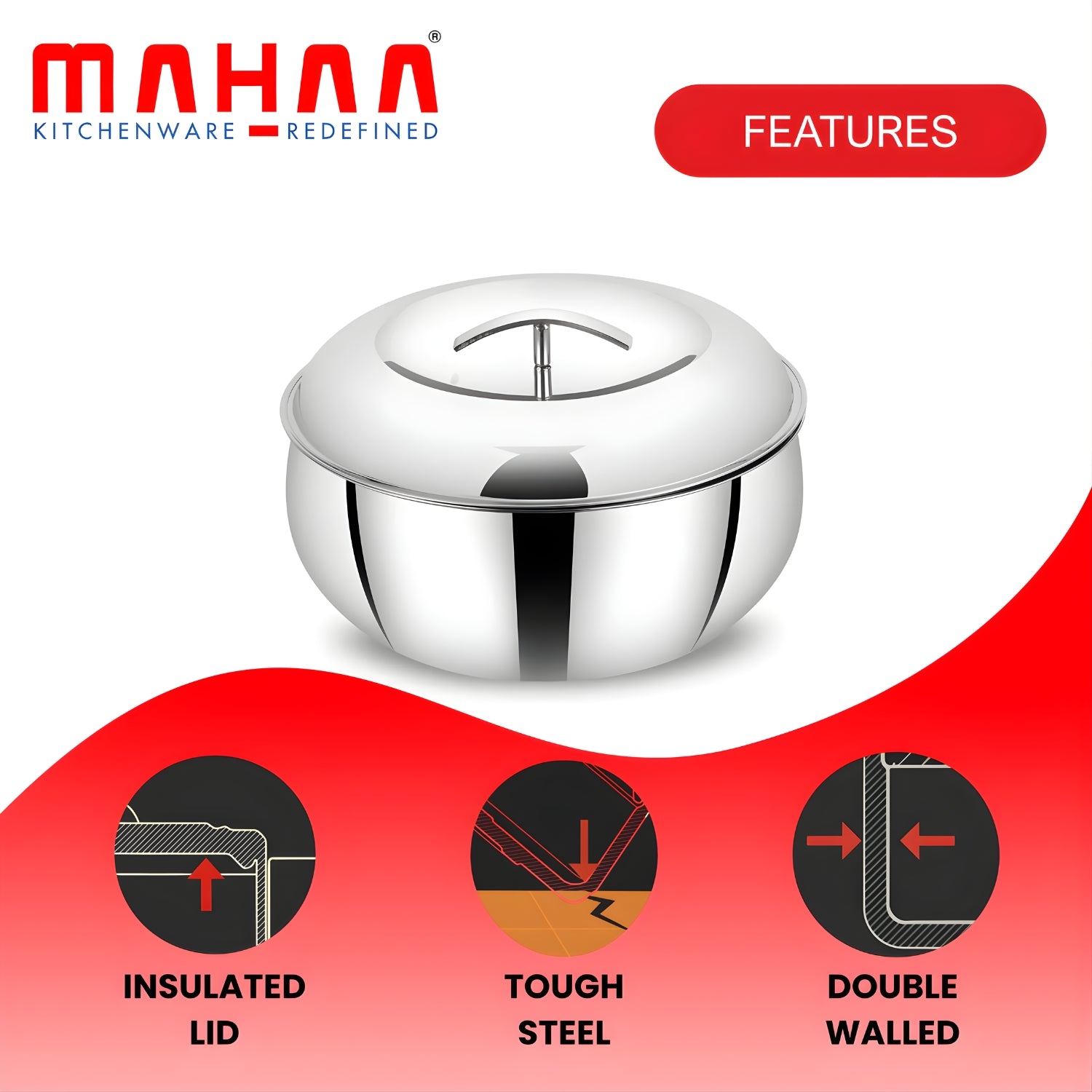 Mahaa Curve Plain Premium Double Wall Insulated SS Casserole with Lid 2000 ml_6