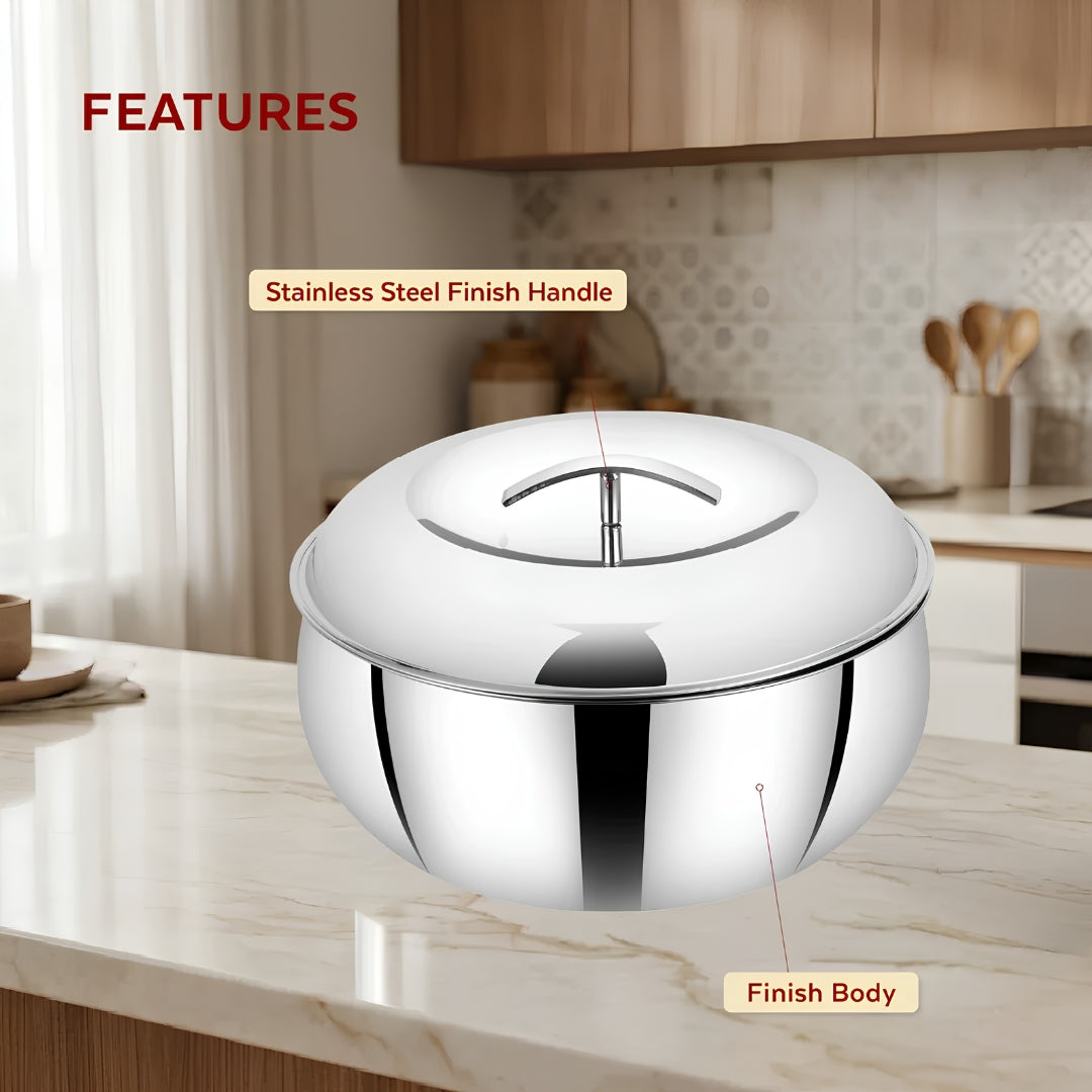 Mahaa Curve Plain Premium Double Wall Insulated SS Casserole with Lid 2800 ml_Features1