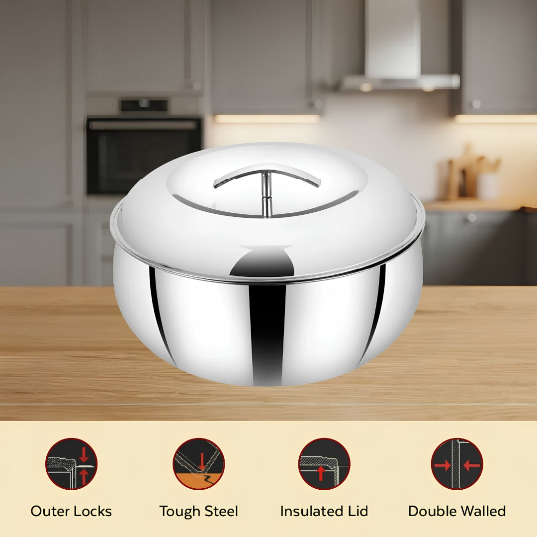 Mahaa Curve Plain Premium Double Wall Insulated SS Casserole with Lid 2800 ml_Features2