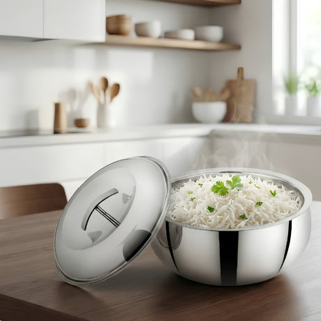 Mahaa Curve Plain Premium Double Wall Insulated SS Casserole with Lid 2800 ml_Front View2