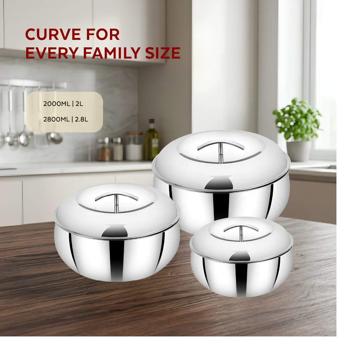 Mahaa Curve Plain Premium Double Wall Insulated SS Casserole with Lid 2800 ml_Sizes