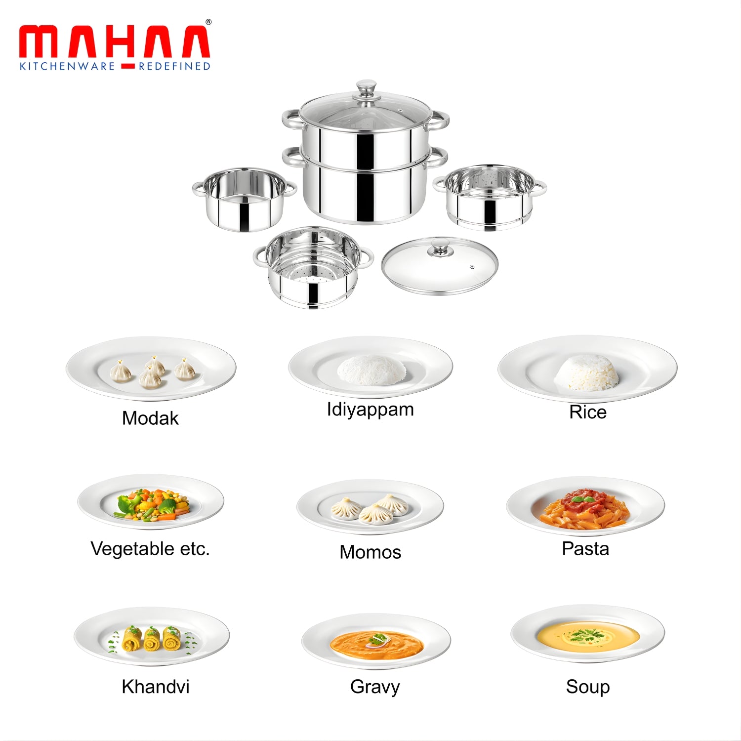 Mahaa Stainless Steel 2-Tier Utena Smart Steamer with Glass Lid 18 cm_4