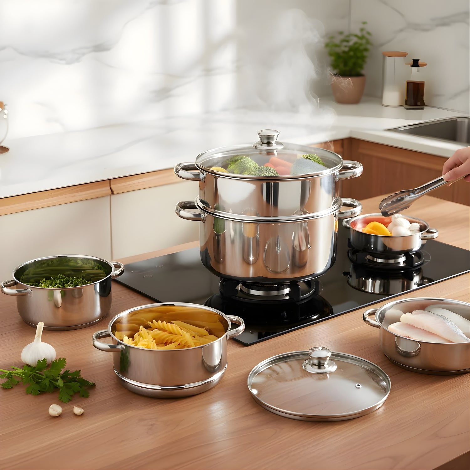 Mahaa Stainless Steel 2-Tier Utena Smart Steamer with Glass Lid 18 cm_7
