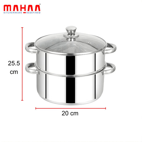Mahaa Stainless Steel 2-Tier Utena Smart Steamer with Glass Lid 20 cm_2