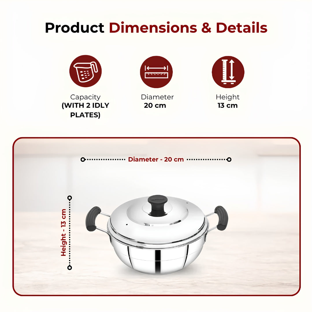 Mahaa Stainless Steel Multi Kadai with Idly Plates and Lid 20 cm_Dimensions