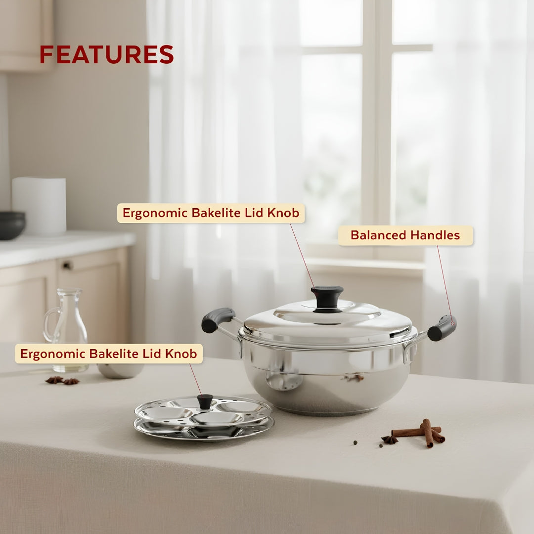 Mahaa Stainless Steel Multi Kadai with Idly Plates and Lid 20 cm_Features1