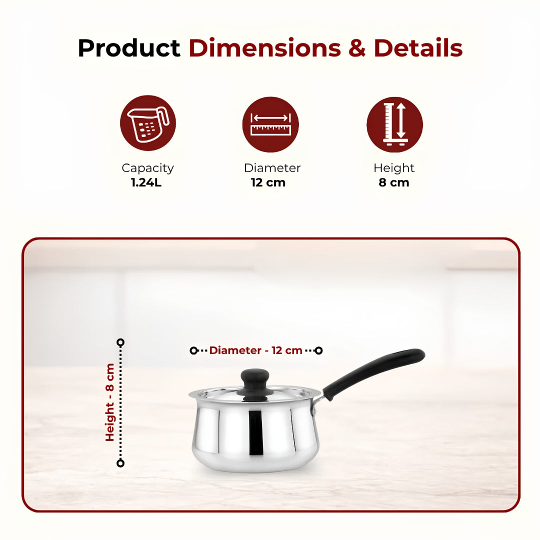 Mahaa Wave Stainless Steel Sauce Pan with Lid 12 cm _ 1.24 L_Dimensions