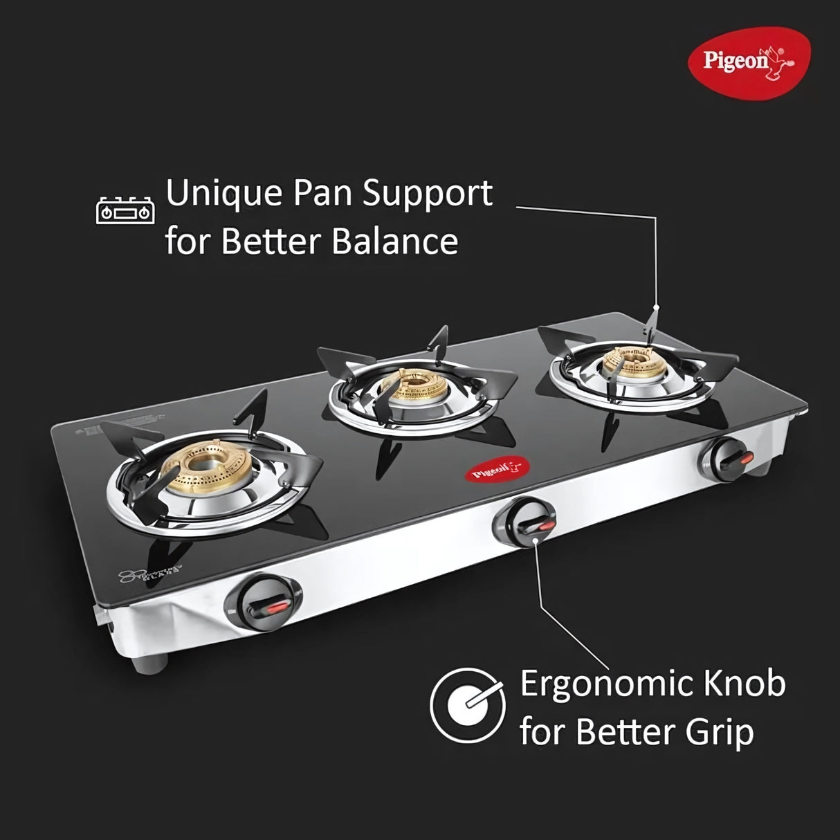 Pigeon 16474 Ayush Premium Glass Top 3 Burner Gas Stove – Black