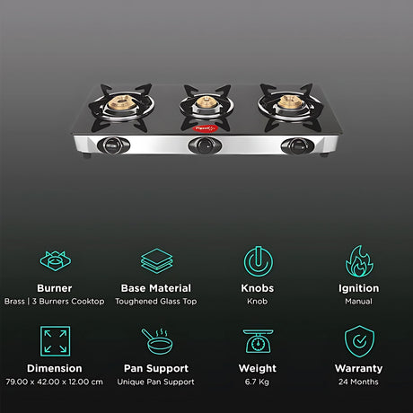 Pigeon 16474 Ayush Premium Glass Top 3 Burner Gas Stove – Black