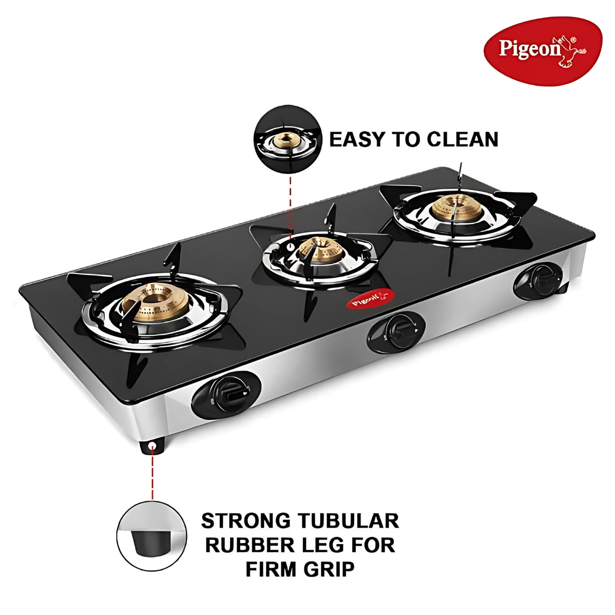 Pigeon 16474 Ayush Premium Glass Top 3 Burner Gas Stove – Black