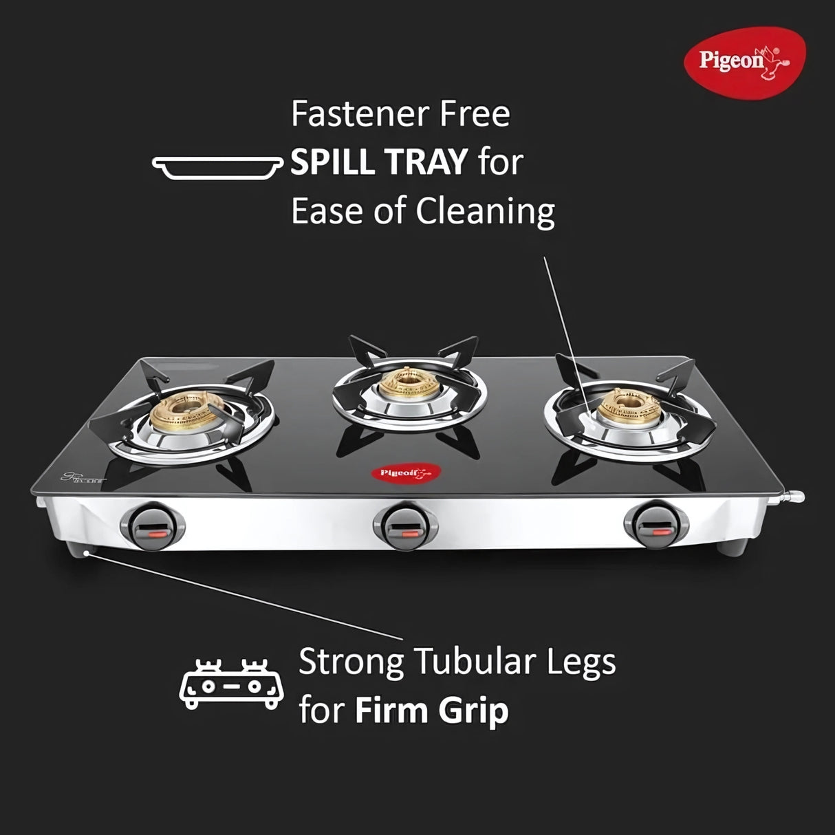 Pigeon 16474 Ayush Premium Glass Top 3 Burner Gas Stove – Black