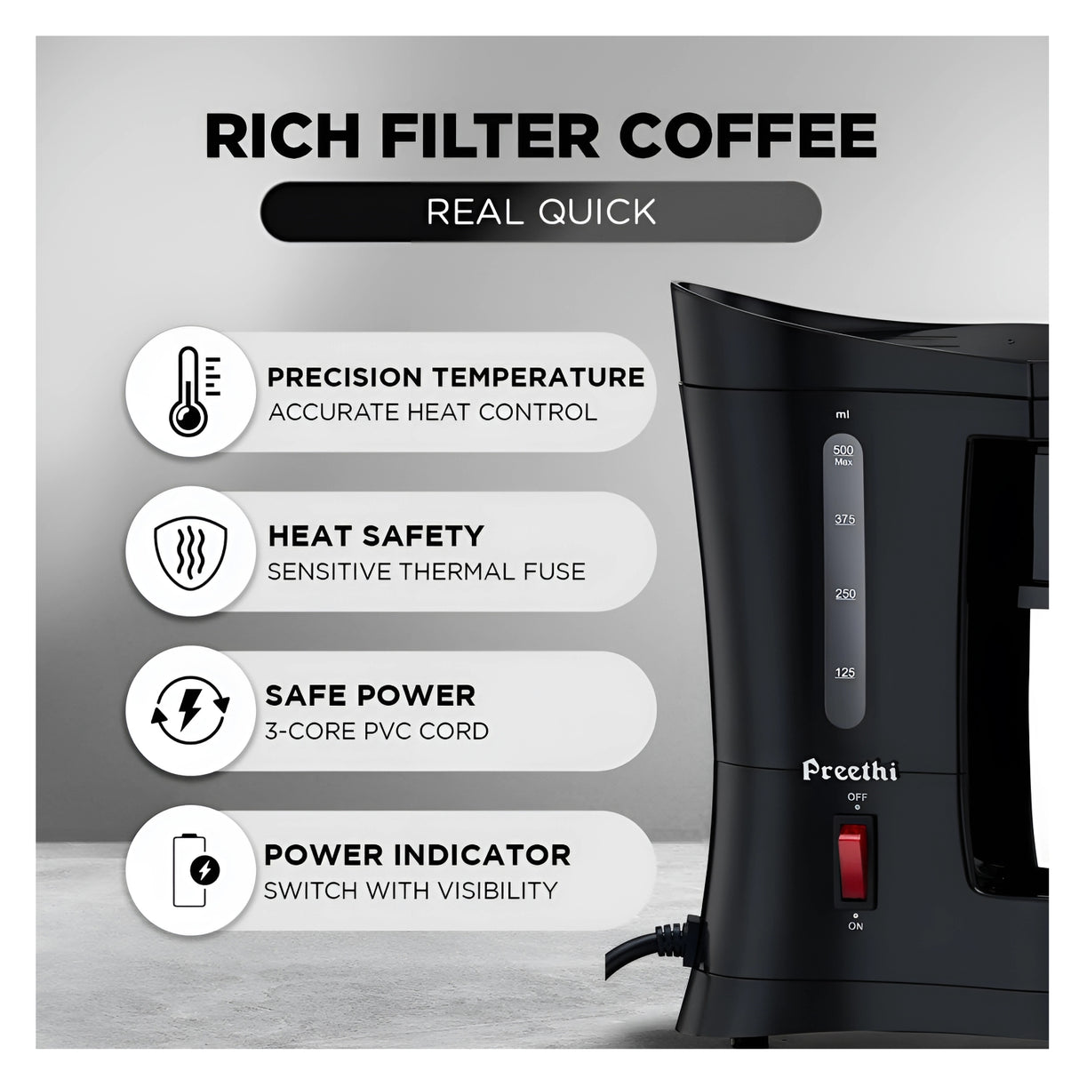 PREETHI Cafe Zest CM-210 500ml Capacity Electric Coffee Maker - Black
