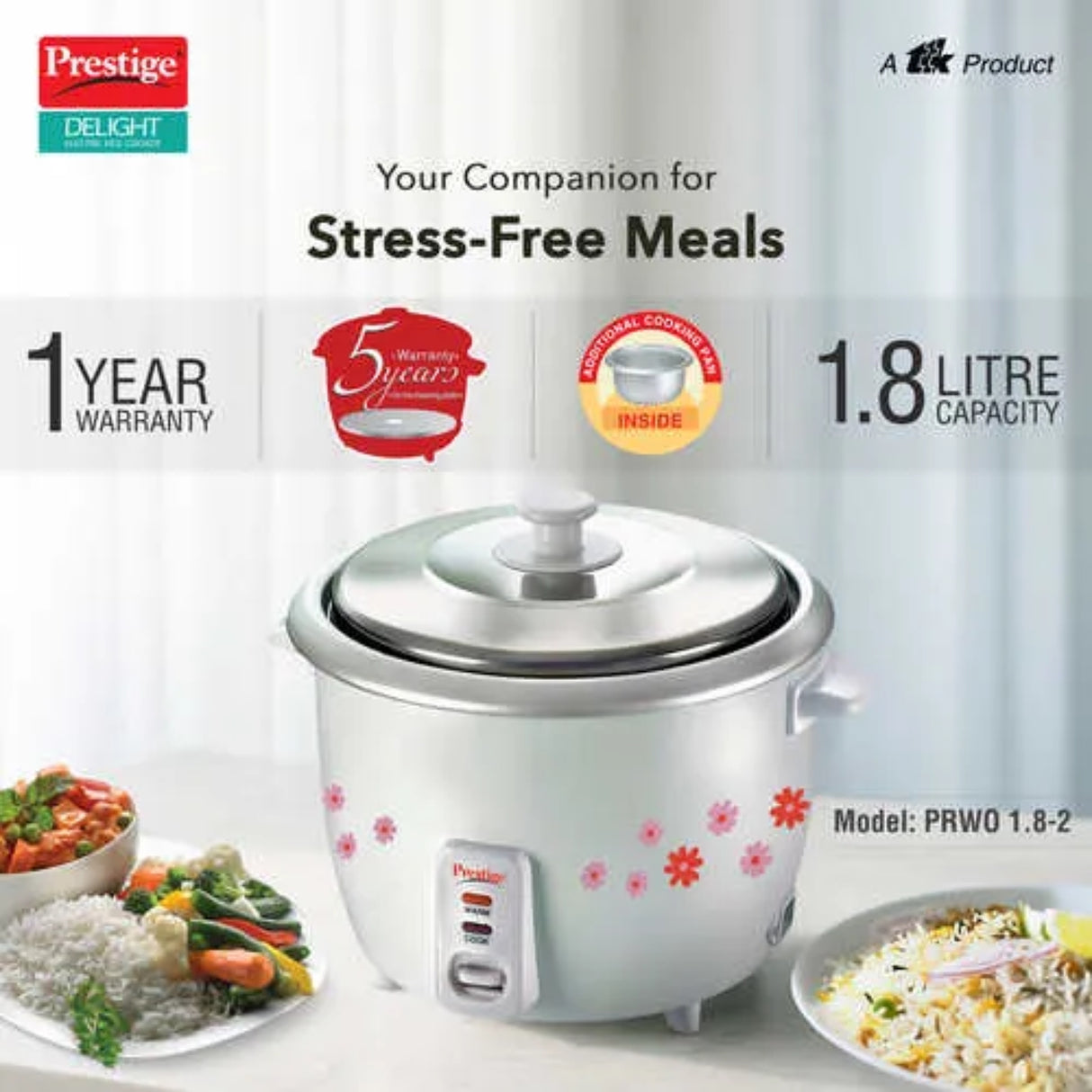 Prestige PRWO 41270 Electric Rice Cooker 1.8 L - White with Red