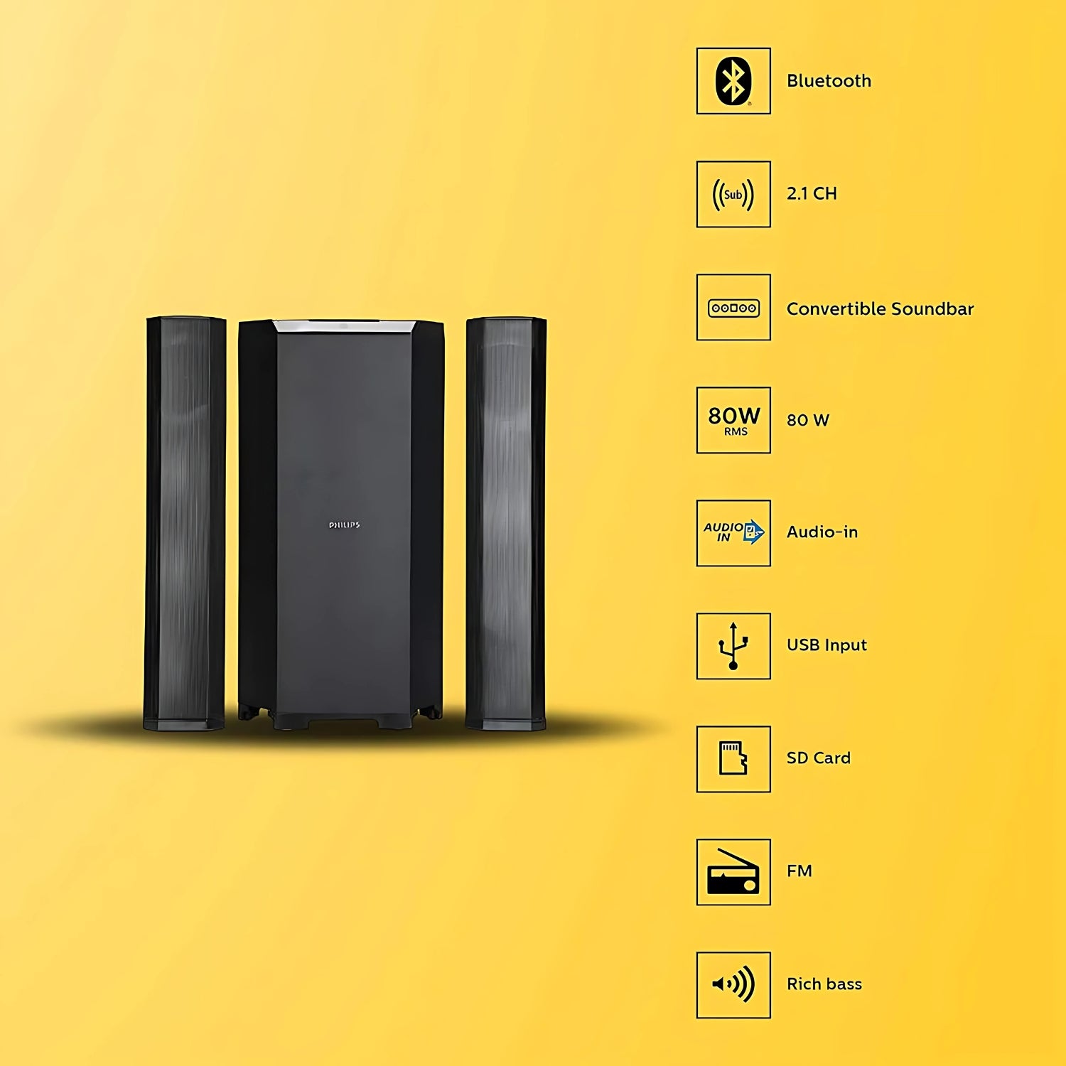 Philips MMS8085B 94 2.1 Channel Multimedia Speaker 80W - Black_8