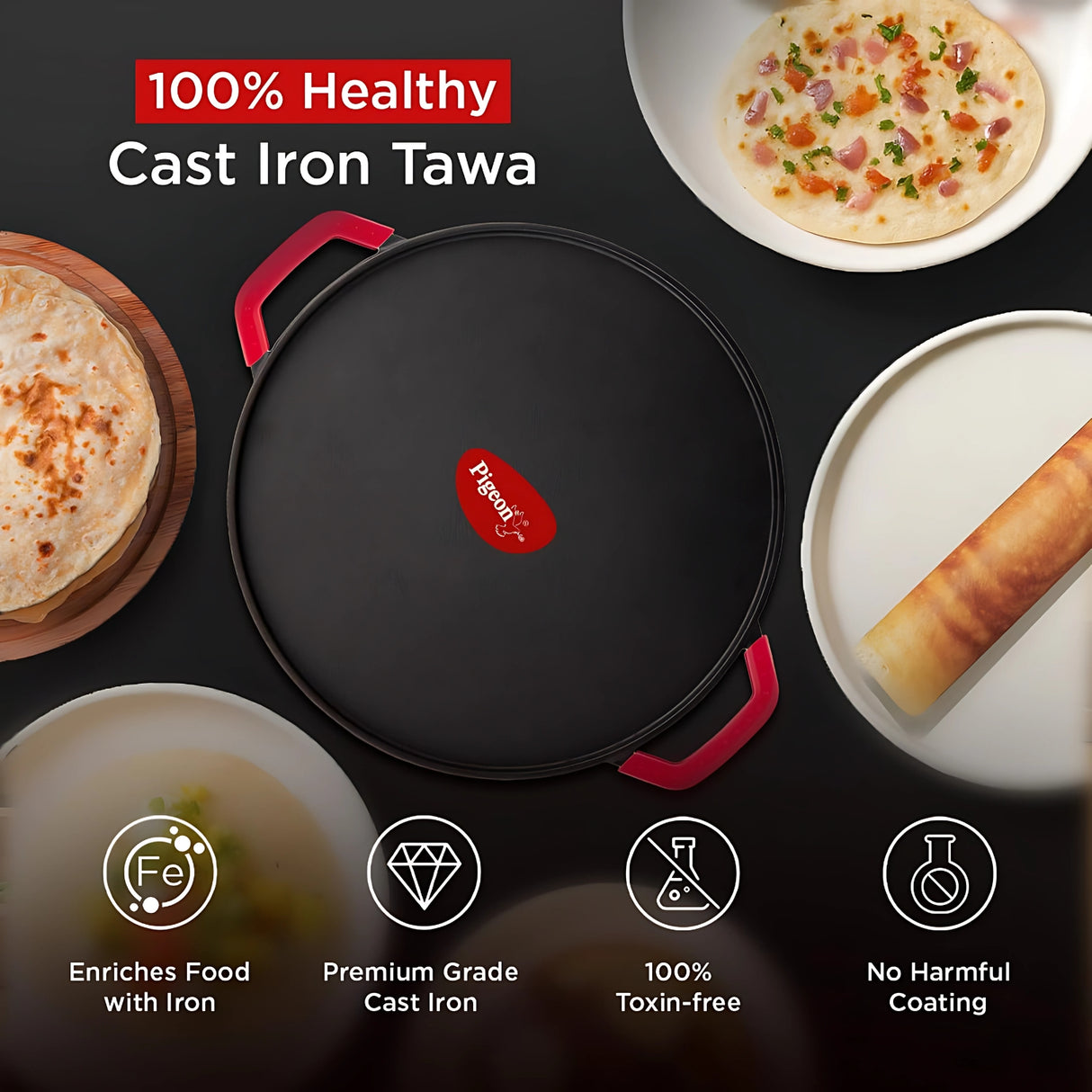 Pigeon Cast Iron Dosa Tawa 30 cm – Black