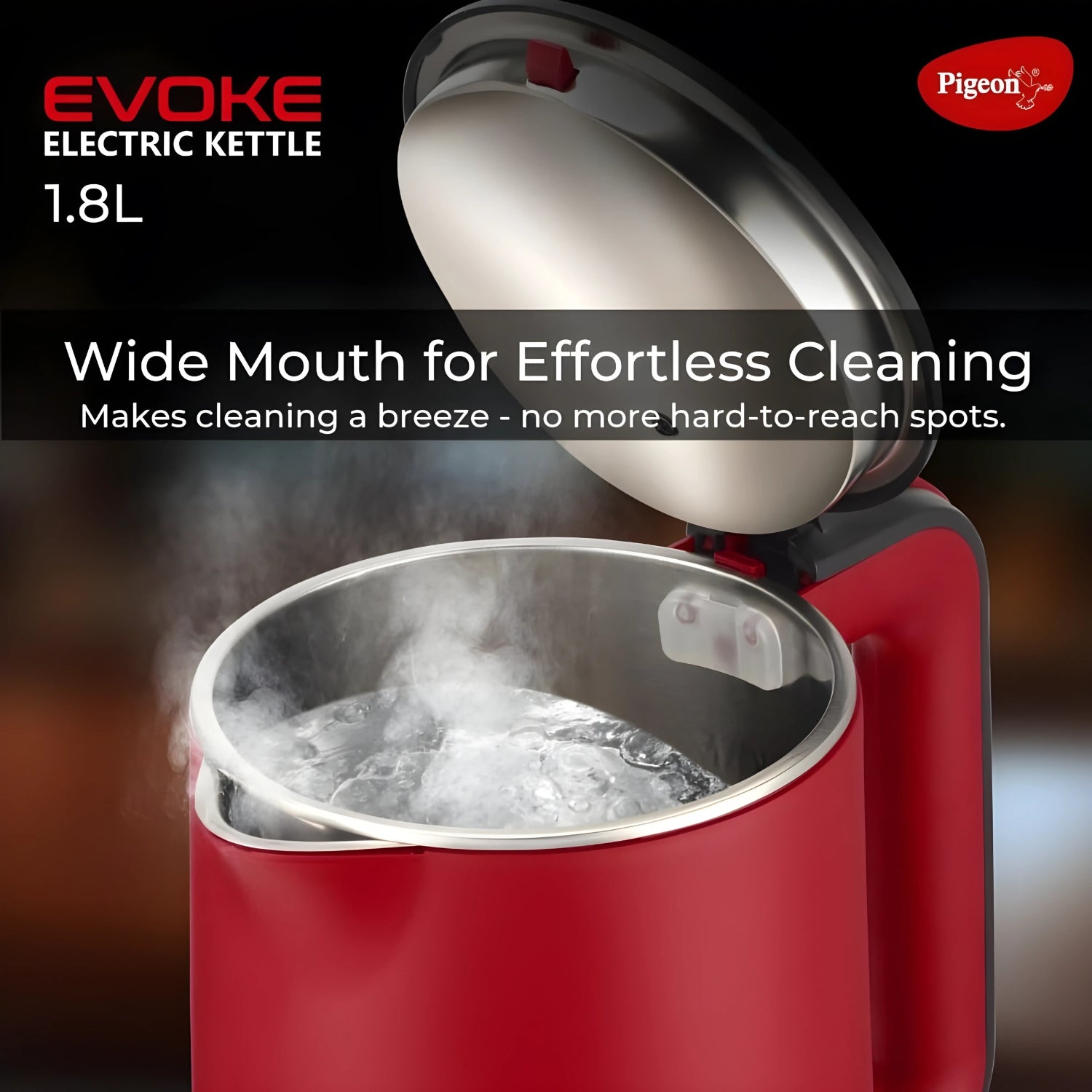 Pigeon Evoke 1500 W  360° Cordless Base 1.8 L Stainless Steel Electric Kettle – Red - Image 3 - Buy Online at Chera Home Junction Coimbatore