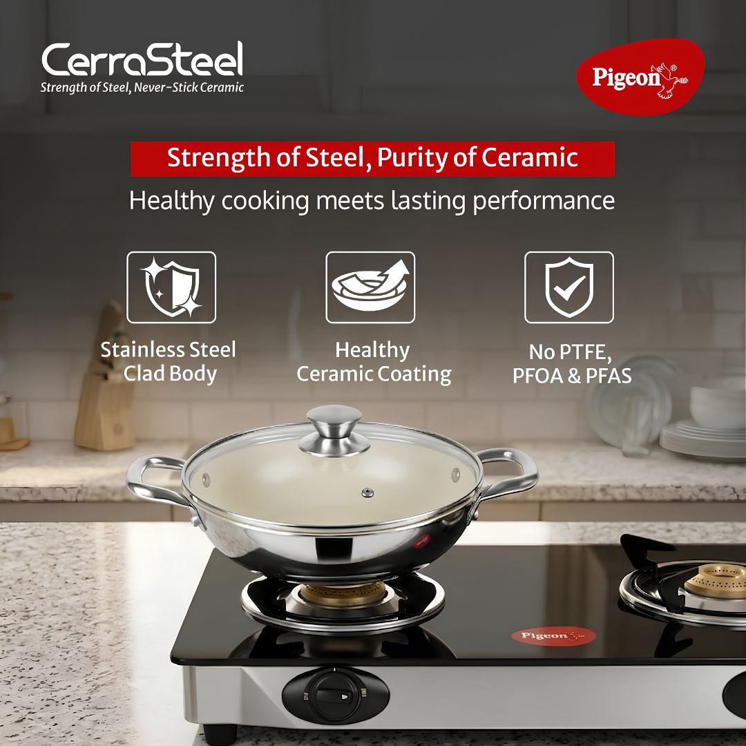 Pigeon Cerrasteel Stainless Steel Clad Ceramic Kadai 240 mm_Features 1