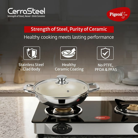 Pigeon Cerrasteel Stainless Steel Clad Ceramic Kadai 240 mm_Features 1
