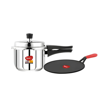 Pigeon SS Pressure Cooker 3 L and Cast Iron Flat Tawa 280 mm Combo Pack_Front View