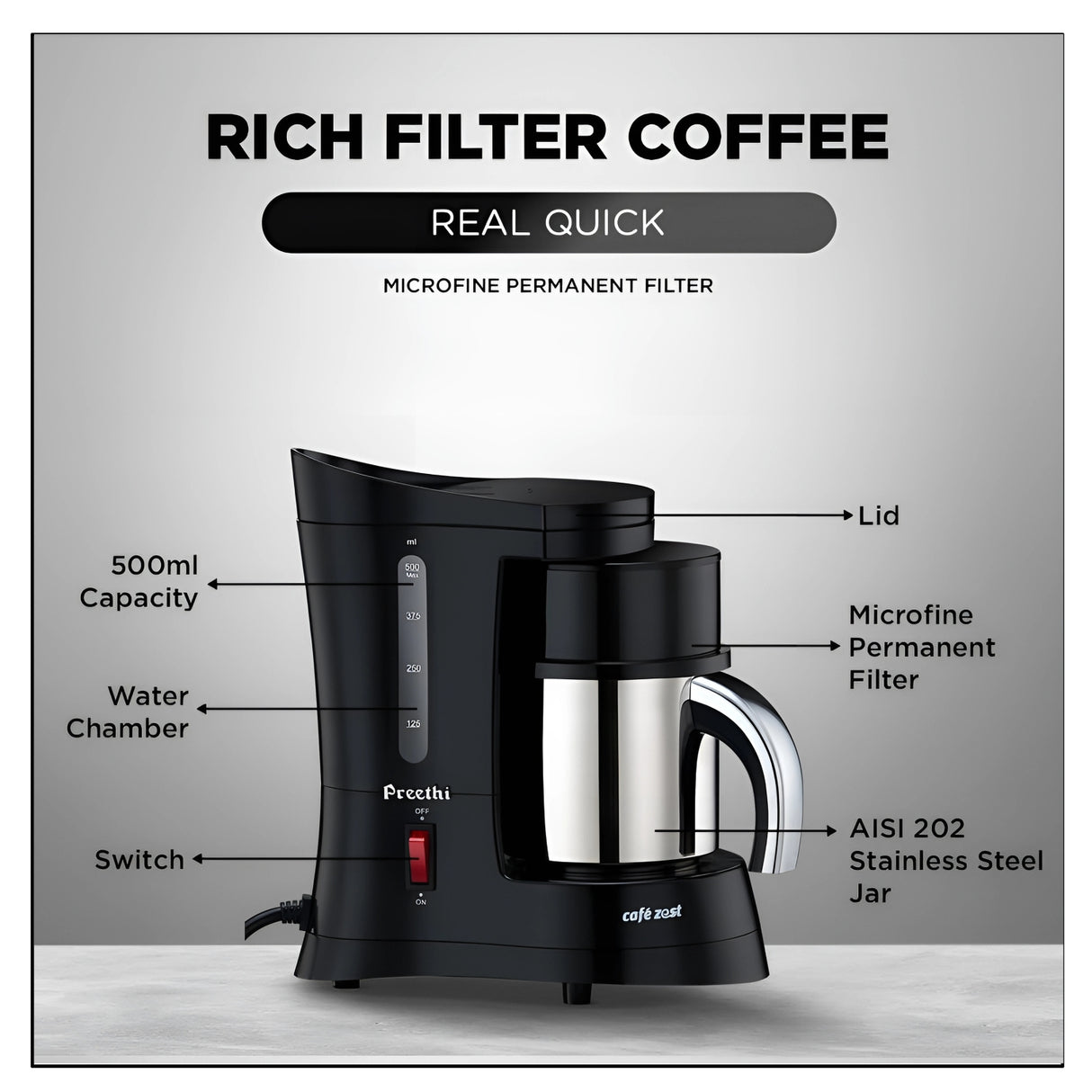 PreethI Cafe Zest CM-210 Electric Coffee Maker 500 ml - Black_2