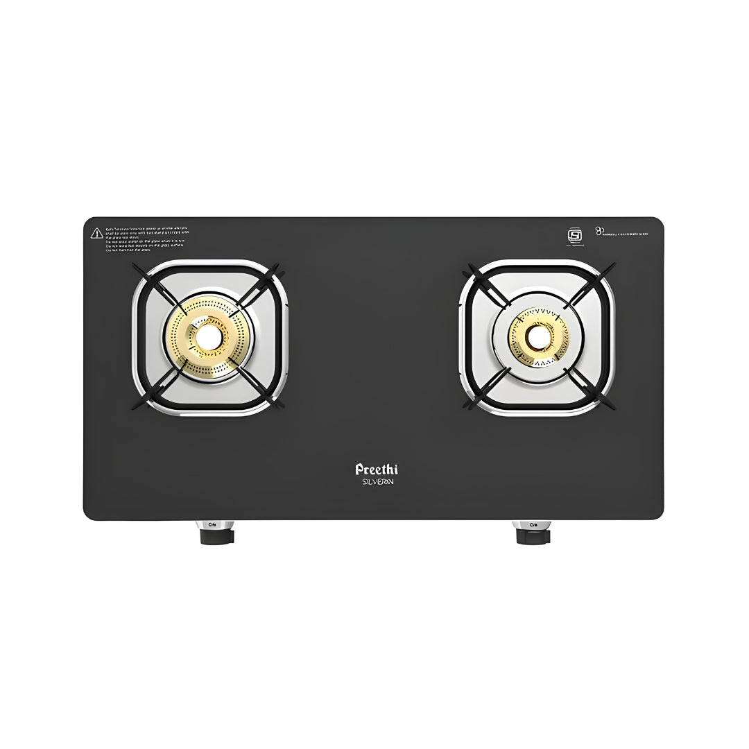 Preethi Silverin Toughened Glass Top 2 Burner Manual Gas Stove- Black