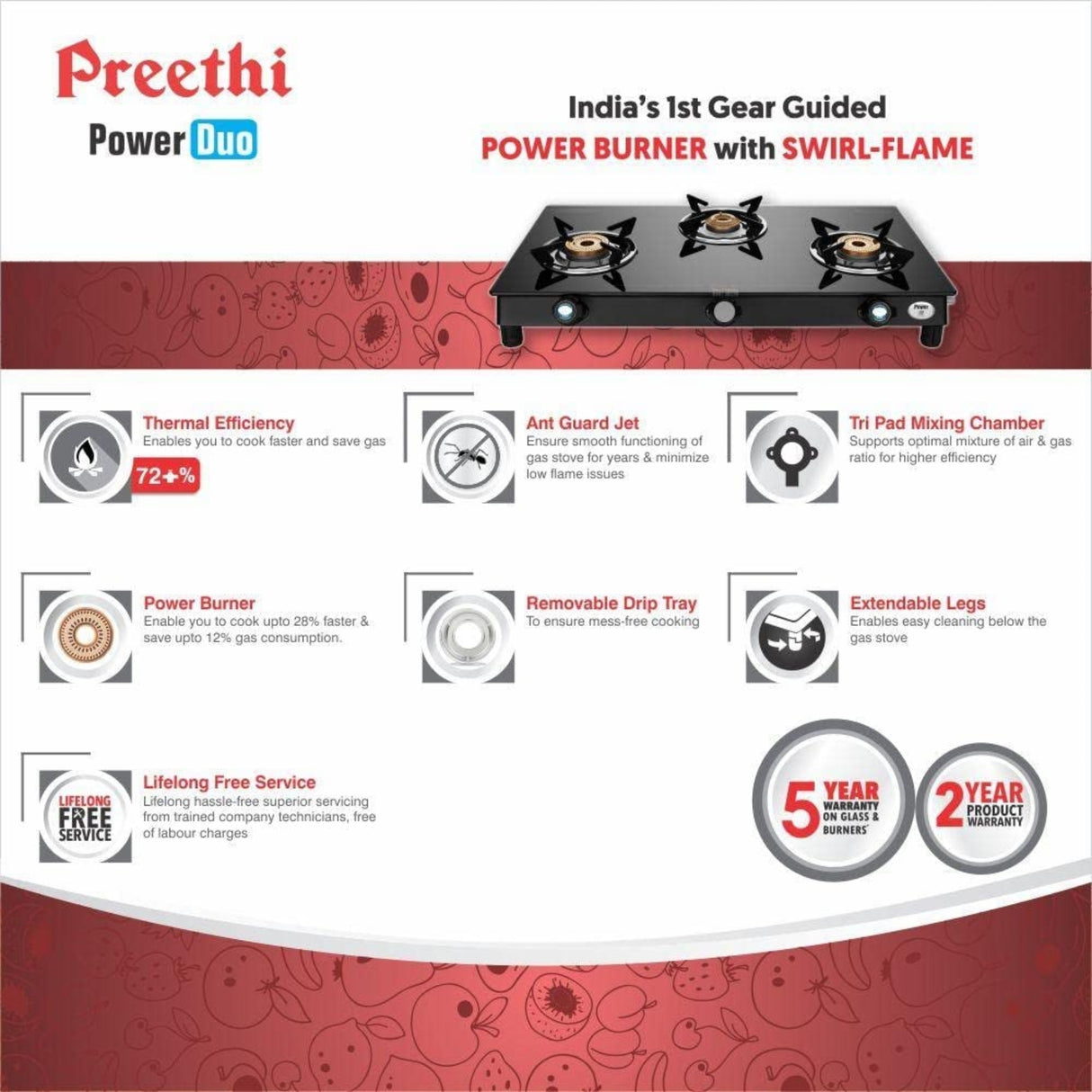 Preethi GTS 40 Sparkle Power Duo 3 Burner Gas Stove - Black_7