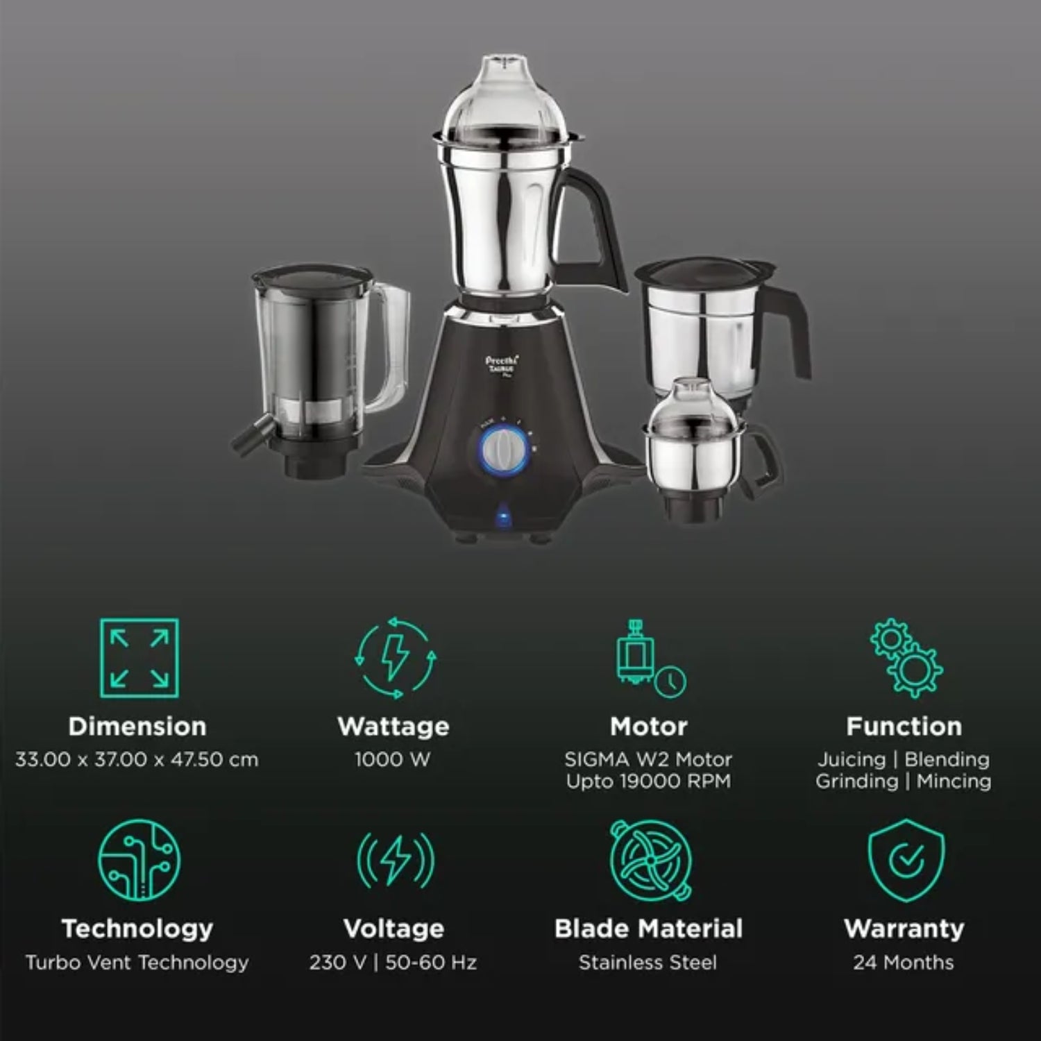 Preethi Taurus Plus MG257 Mixer Grinder 1000 Watts - Black_2
