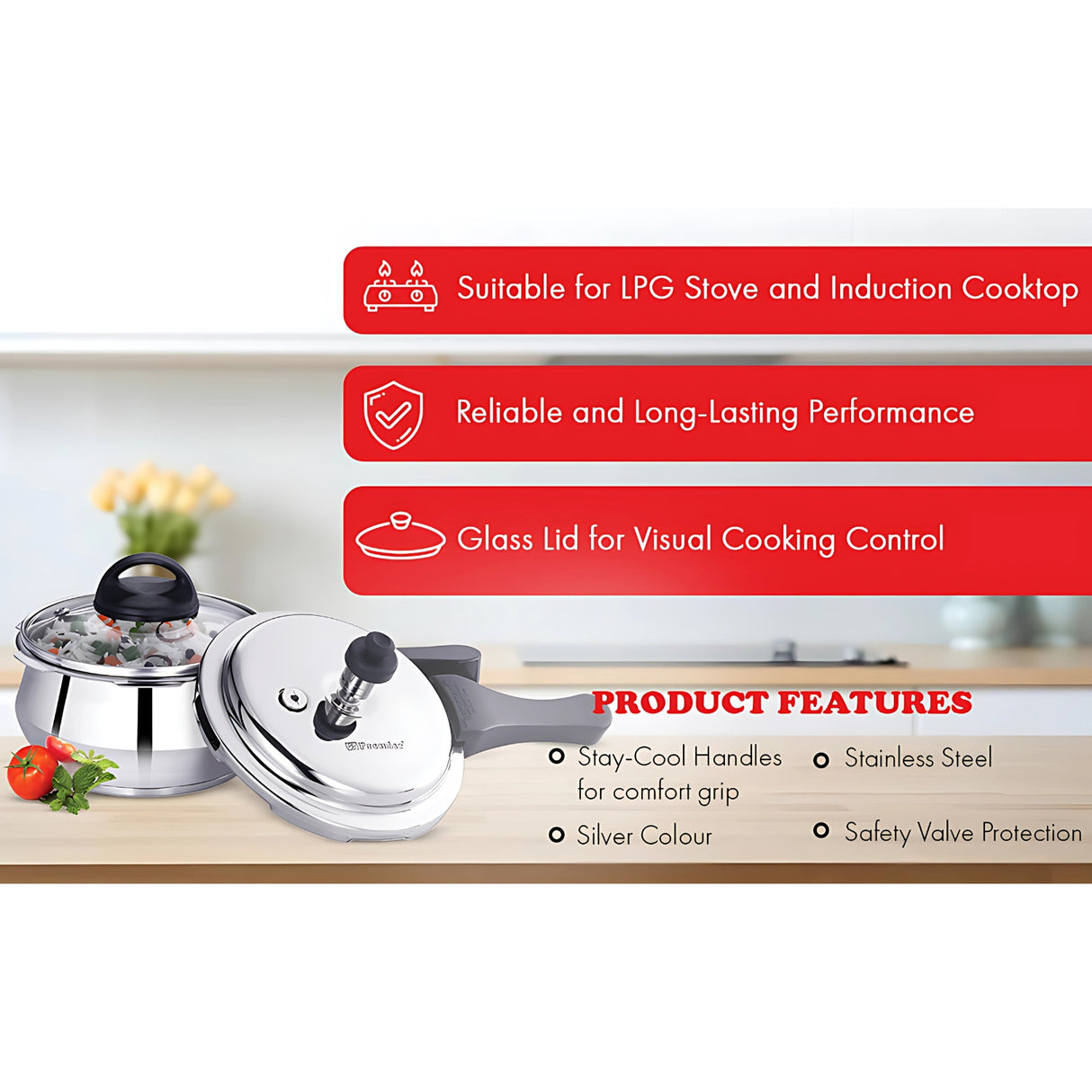 Premier Handi Pressure Cooker SS Body with Glass Lid 5 L