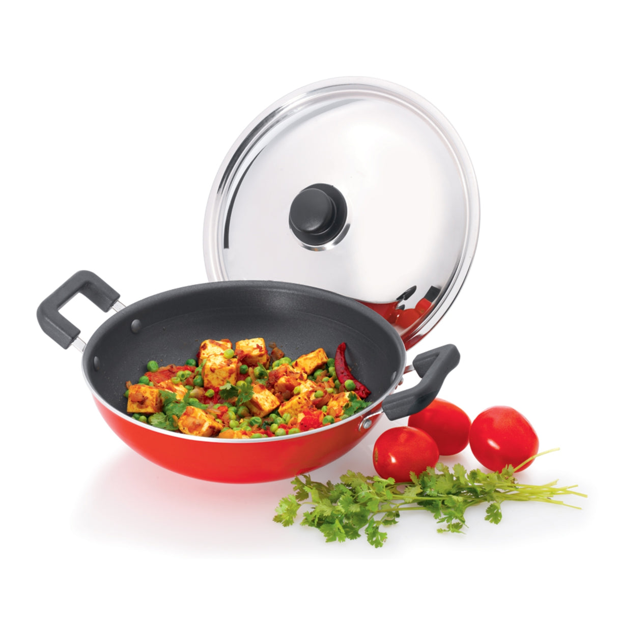 Premier Non Stick Kadai with SS lid 30 cm - Red