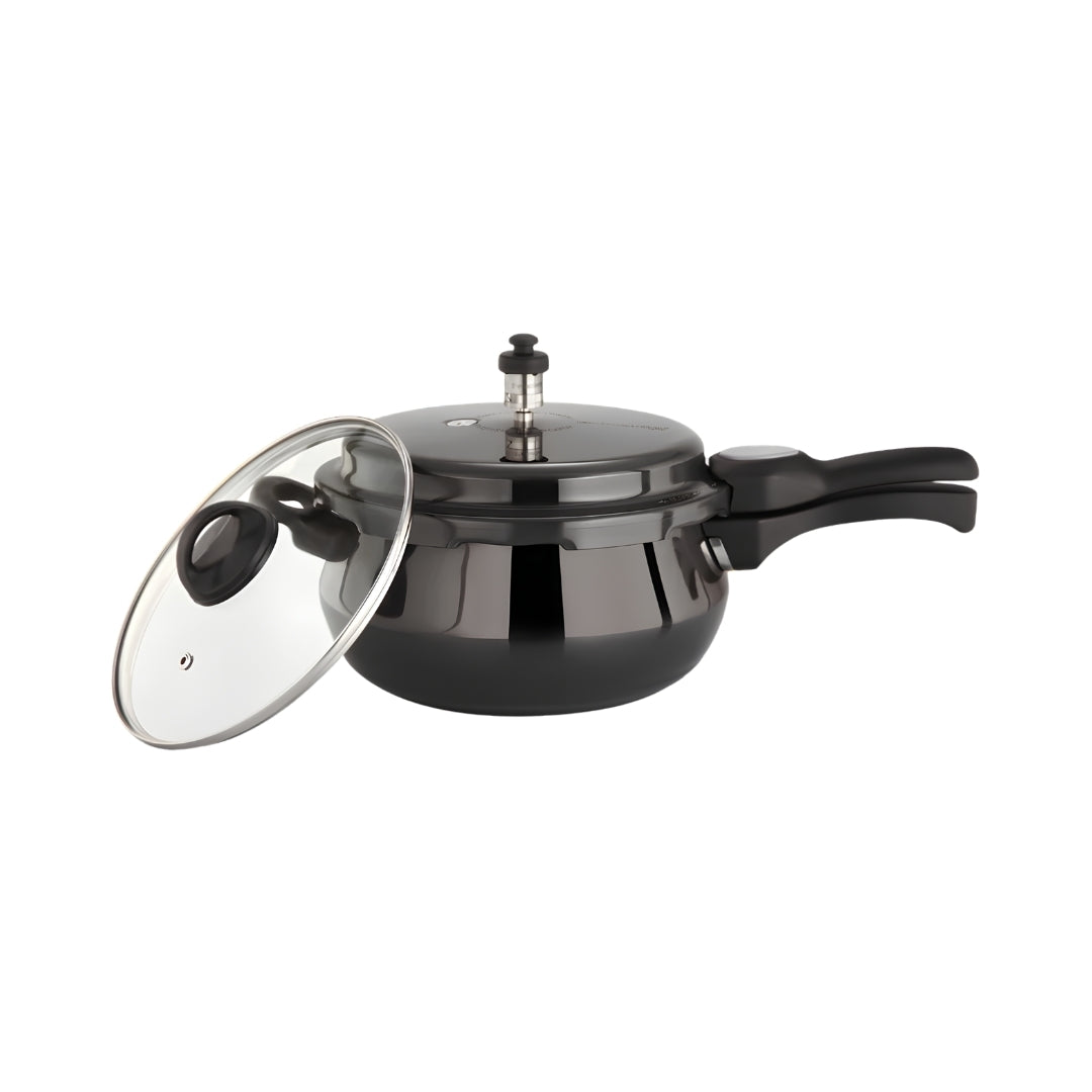 Premier Cucina Trendy Hard Anodised Handi Pressure Cooker with Glass Lid 1.5 L - Black_Front View