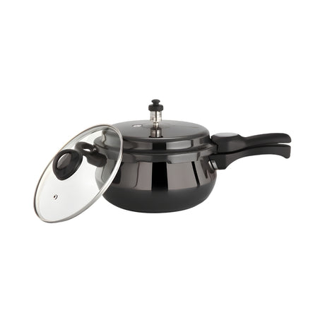 Premier Cucina Trendy Hard Anodised Handi Pressure Cooker with Glass Lid 1.5 L - Black_Front View