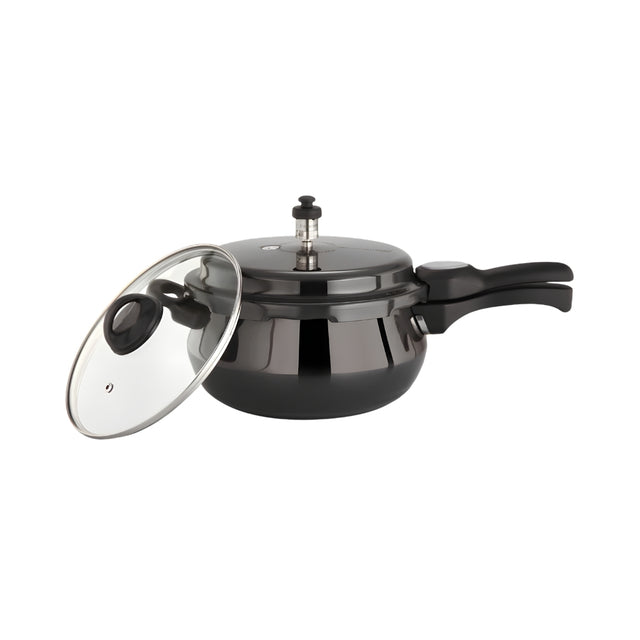 Premier Cucina Trendy Hard Anodised Handi Pressure Cooker with Glass Lid 1.5 L - Black_Front View
