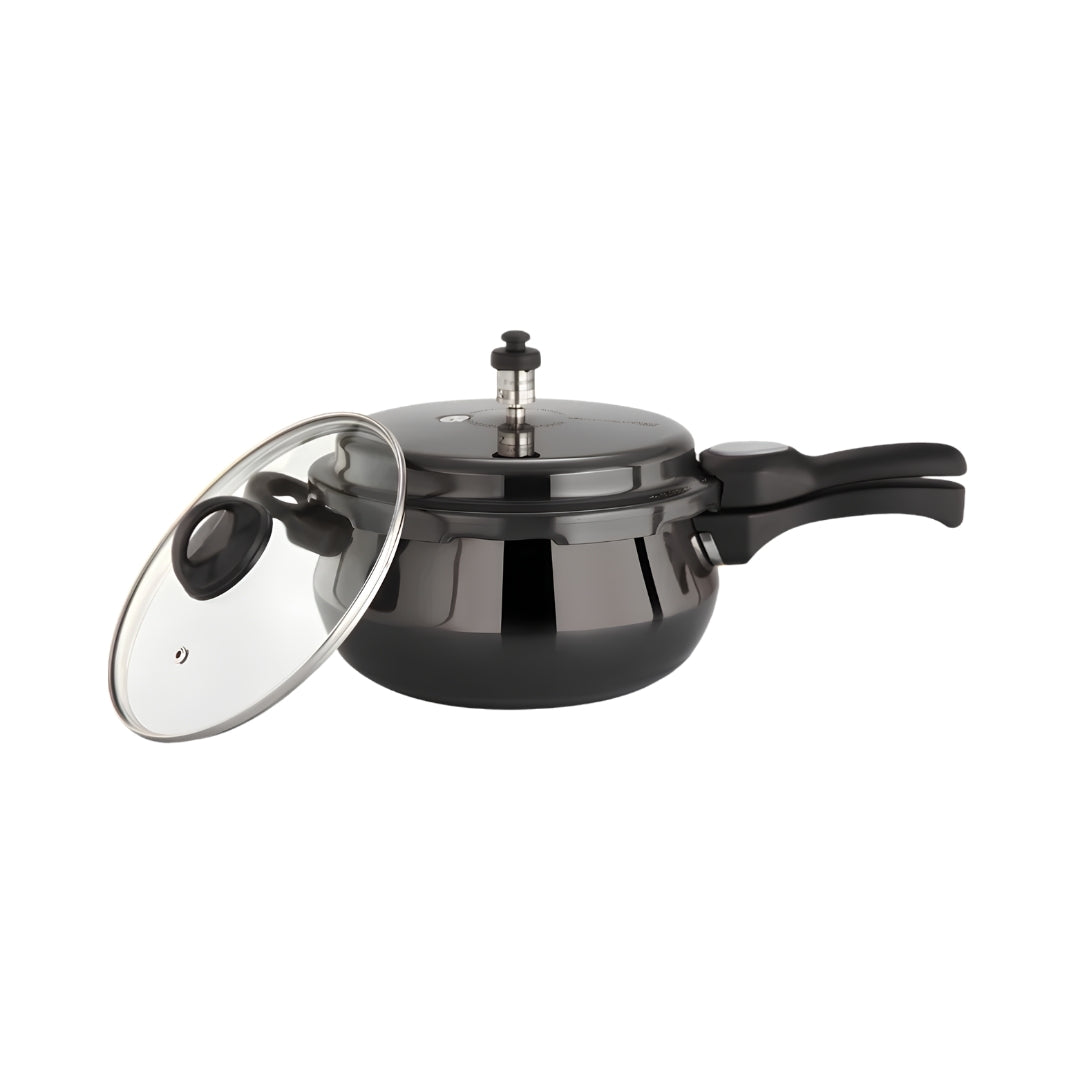 Premier Cucina Trendy Hard Anodised Handi Pressure Cooker with Glass Lid 3 L - Black_Front View